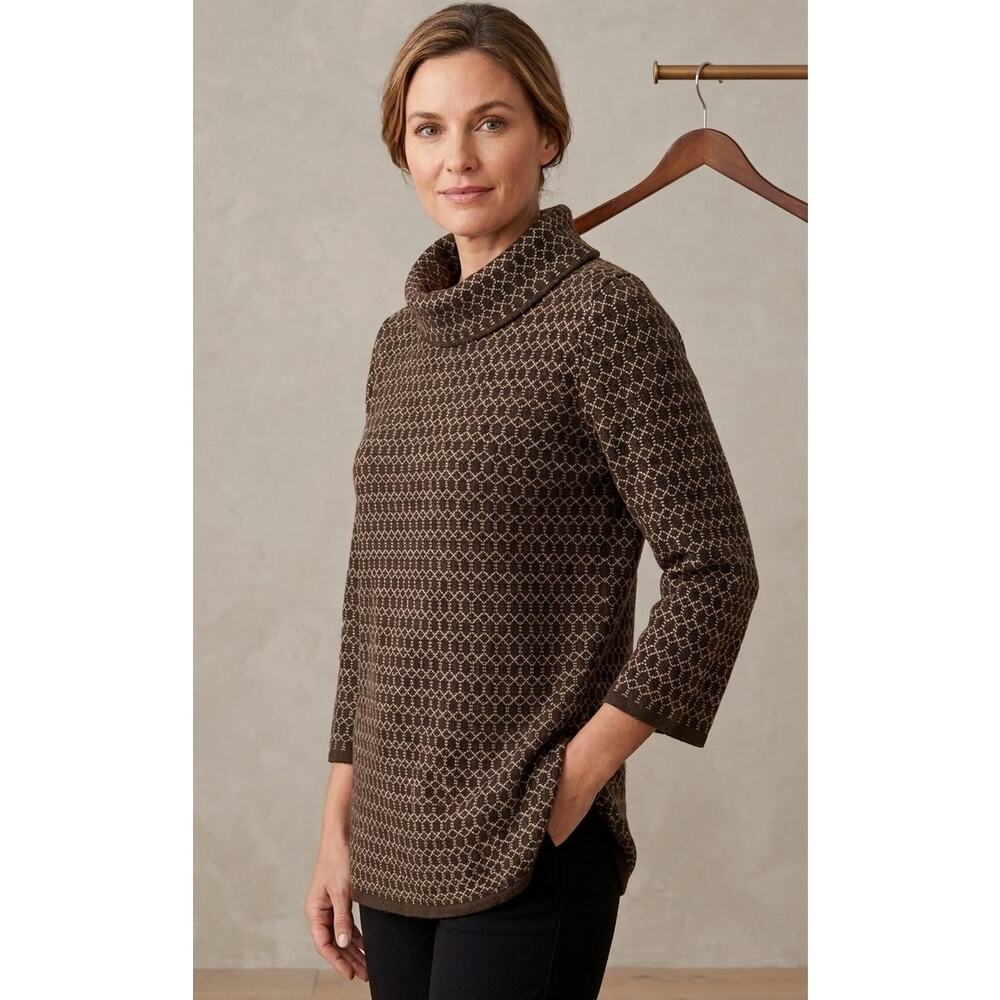 Talbots Pure Merino Wool Geometric Cowl Neck Sweater Medium Brown Cream